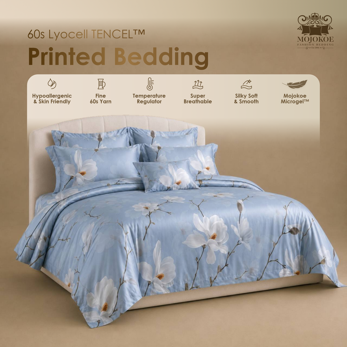 Tencel Printed Bedding MOJOKOE ditata pada tempat tidur